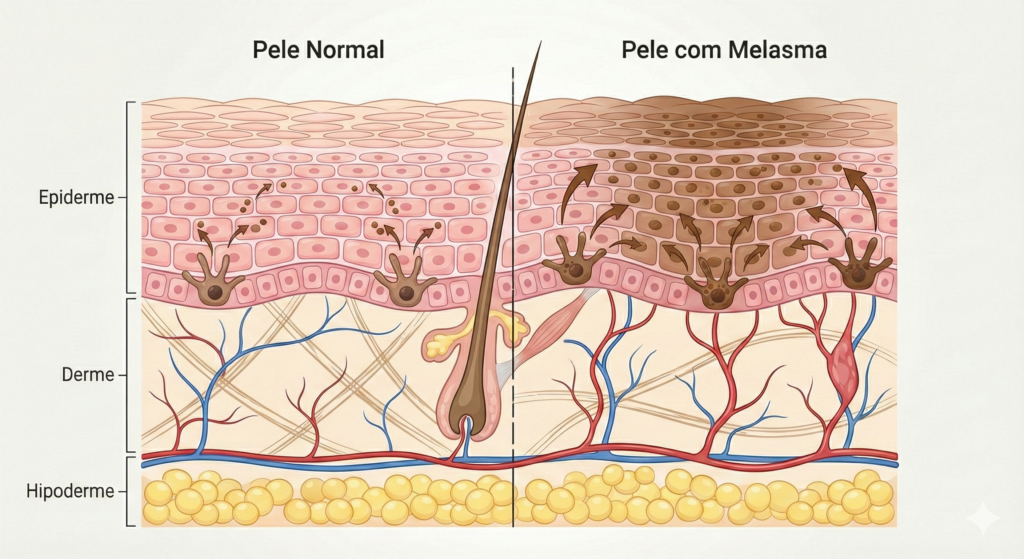 Infográfico comparativo lado a lado entre a pele normal (saudável) e a pele afetada pelo melasma. A ilustração destaca a diferença crucial na produção de pigmento, mostrando como a concentração aumentada de melanina e a atividade dos melanócitos resultam nas manchas escuras características do melasma.